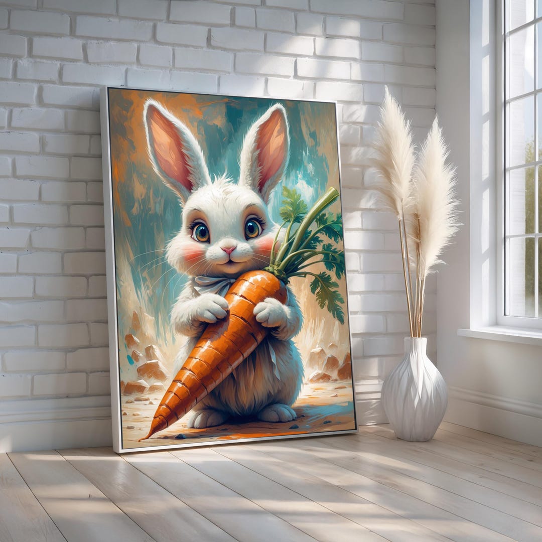 Cute Rabbit 1206 Cute White Bunny With Carrot Wall Art Canvas | Whimsical Rabbit Poster ...