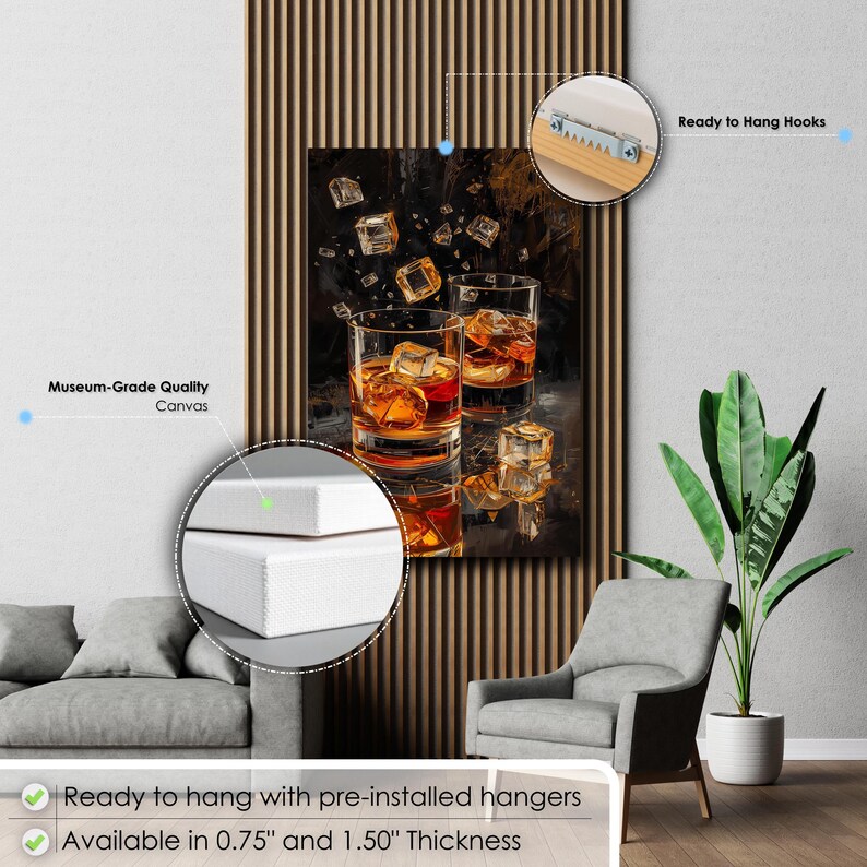 Whiskey Glasses With Ice | Modern Bar Wall Art | Luxurious Abstract ...