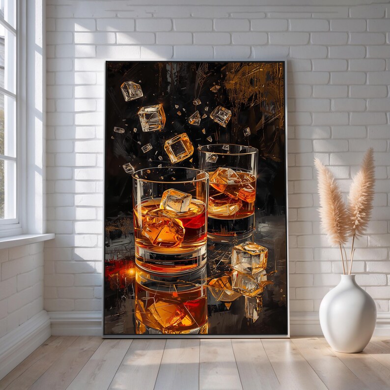 Whiskey Glasses With Ice | Modern Bar Wall Art | Luxurious Abstract ...