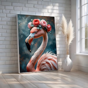 Flamingo Wall Art | Floral Crown Bird Print | Whimsical Animal Portrait | Pink Tropical Decor for Nursery or Living Room | Ready to Hang