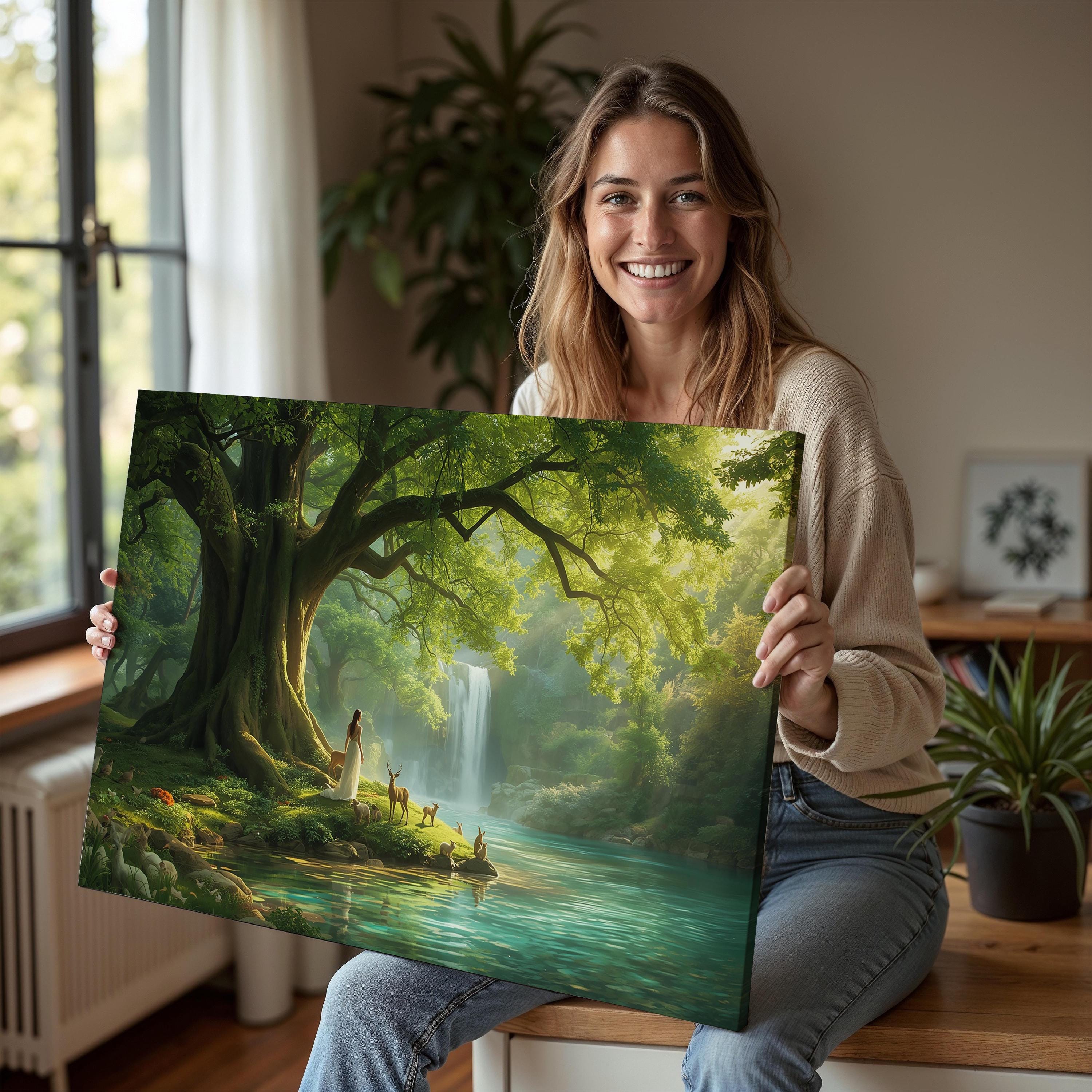 Enchanted Forest Waterfall Canvas Wall Art | Fantasy Nature Scene With ...