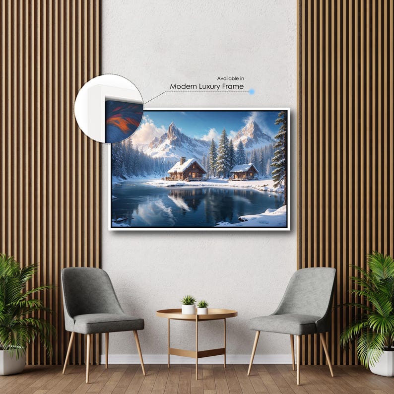 Winter Cabin in Snowy Mountains Canvas Wall Art | Cozy Log Cabin by ...