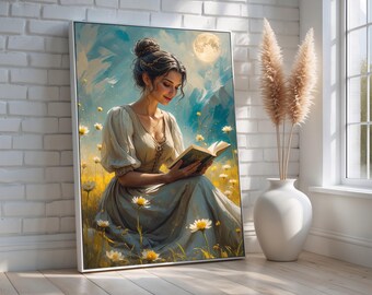 Moonlit Woman Reading Wall Art | Romantic Floral Portrait Canvas Print | Soft Pastel Aesthetic for Book Lovers | Ready to Hang