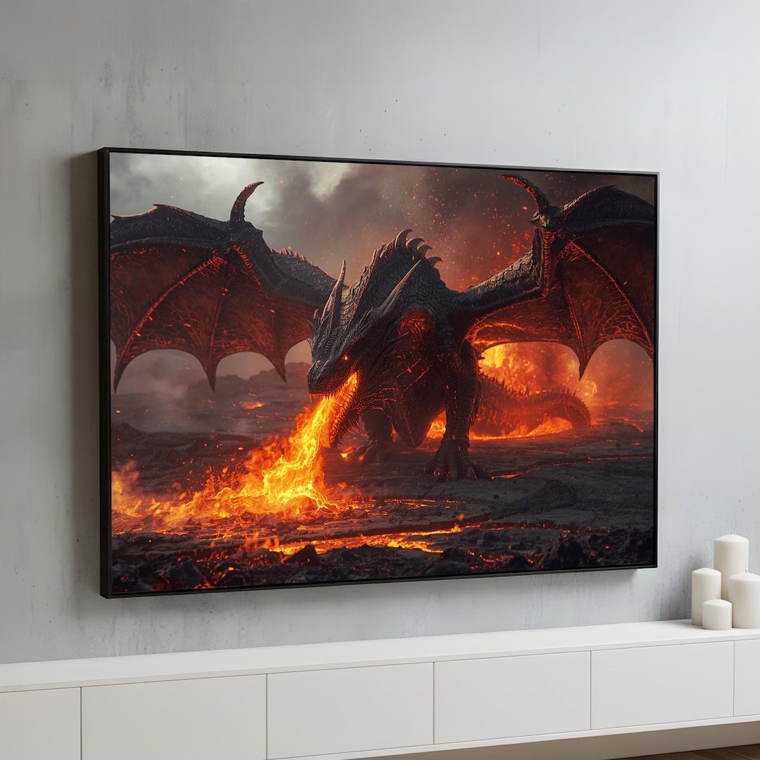 Fire Dragon Wall Art Canvas or Poster | Dark Fantasy Dragon Breathing ...