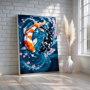 Yin Yang Koi Fish Wall Art Canvas | Japanese Zen Poster with Cherry Blossoms | Feng Shui Decor for Balance & Harmony | Ready to Hang