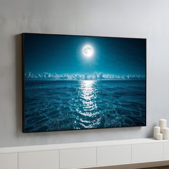 Moonlit Ocean Canvas Wall Art | Full Moon Sea Reflection Decor | Serene Coastal Nightscape Art | Framed Ready to Hang