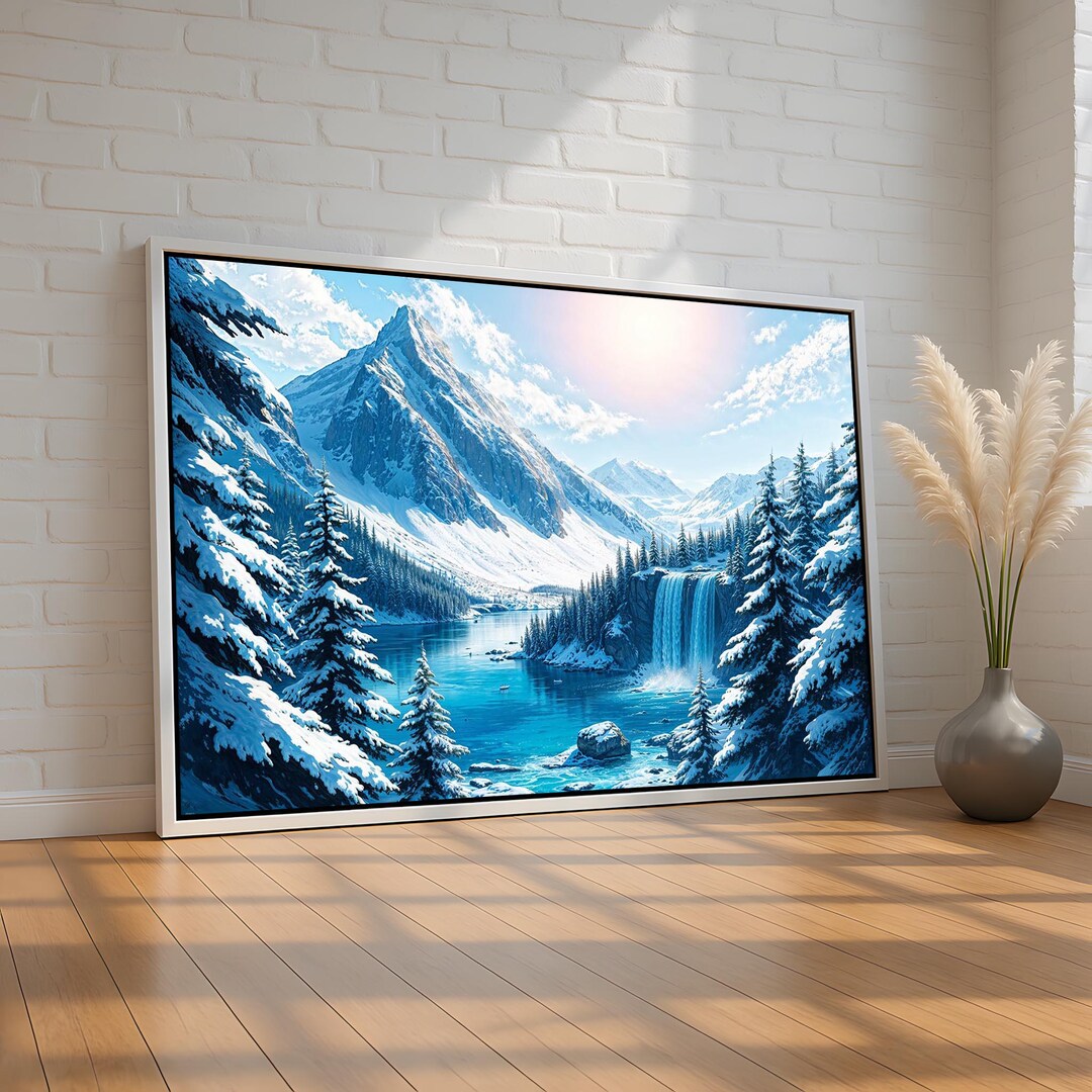 Winter Mountain Landscape Canvas Wall Art | Snowy Pine Forest Waterfall ...