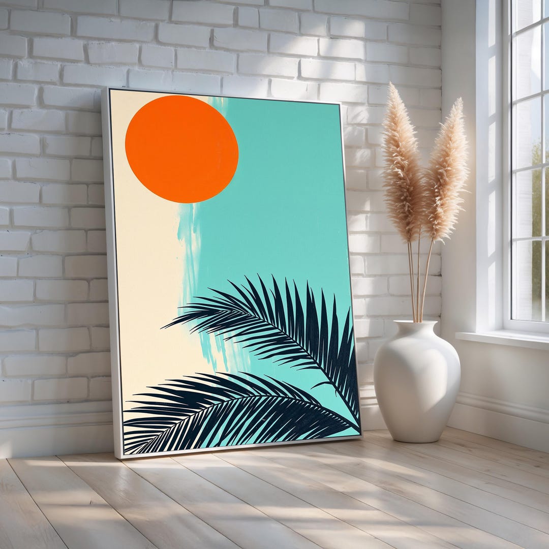 Minimalist Palm Leaf Wall Art | Tropical Sun Canvas Print in Teal ...