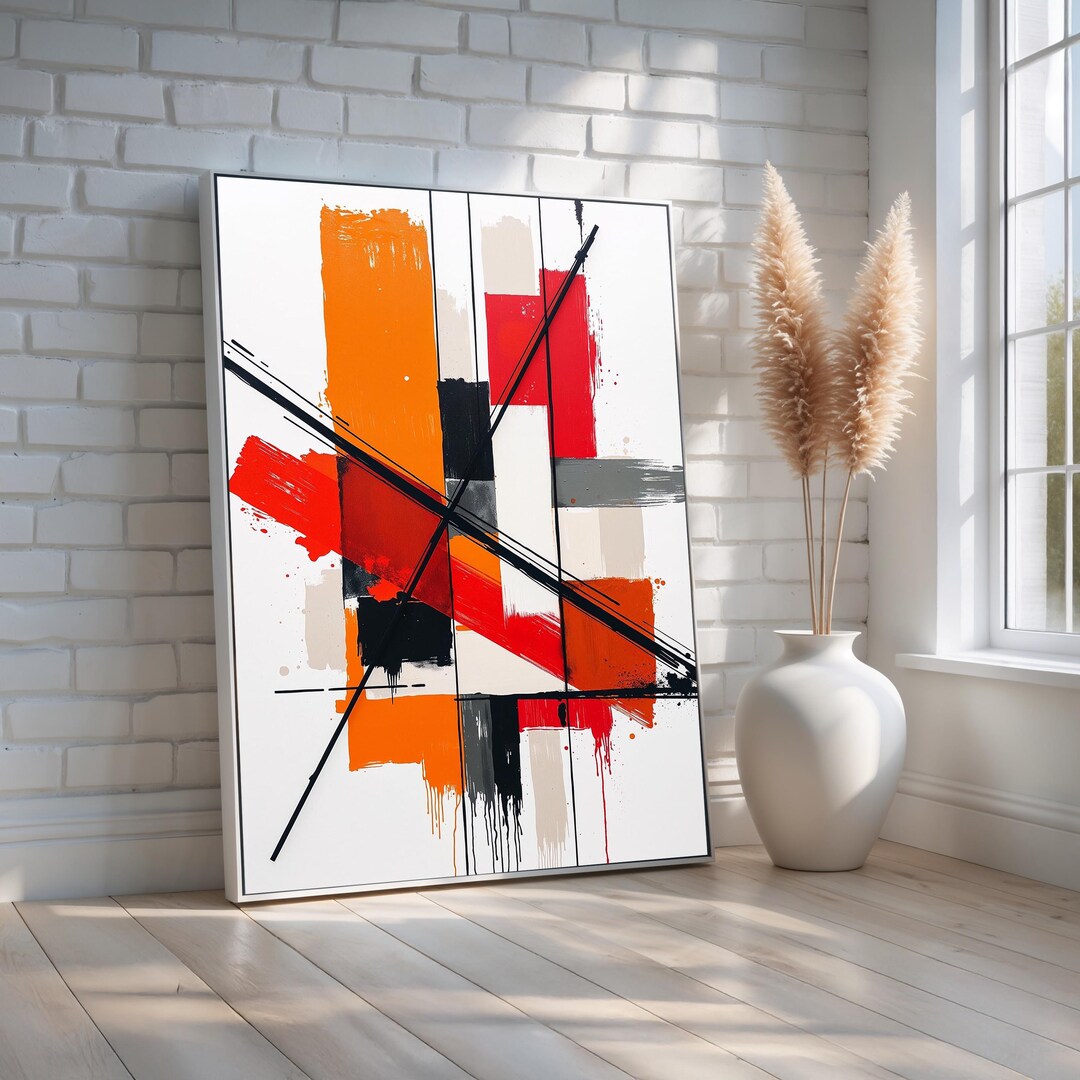 Modern Geometric Abstract Canvas Wall Art | Red Orange Black Drip Lines ...