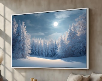 Snowy Winter Forest Canvas Wall Art | Peaceful Moonlit Landscape | Serene Blue Night Scene | Framed Winter Nature Artwork Ready to Hang Art