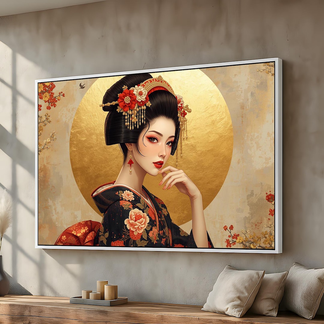 Japanese Geisha Portrait Canvas Wall Art | Gold Leaf Style Kimono Woman ...