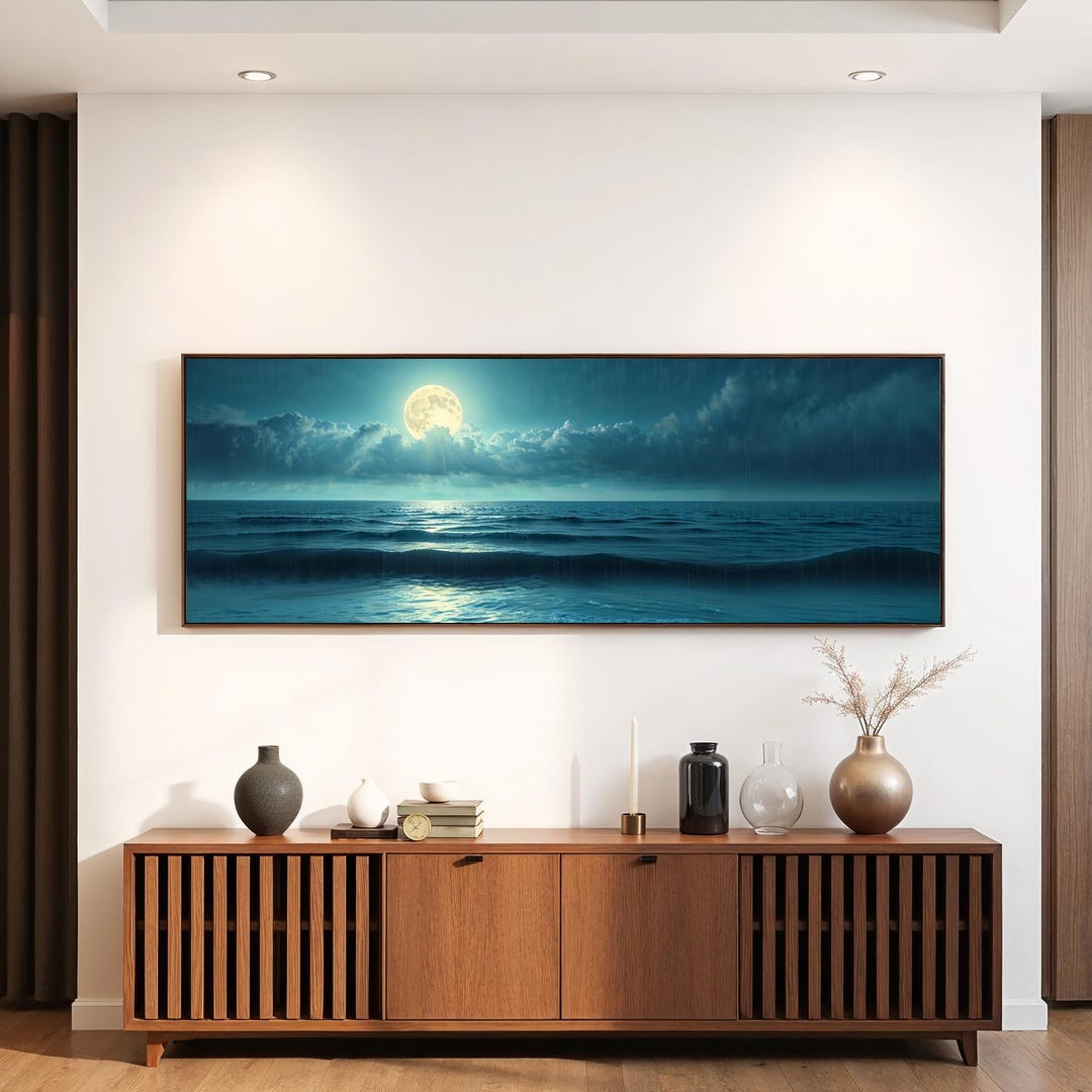 Panoramic Moonlight Ocean Canvas Wall Art | Full Moon Over Sea Print ...
