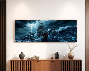 Panoramic Art Kraken Attack Ship Art | Stormy Ocean Print | Nautical Fantasy Canvas | Sea Monster Wall Decor | Dark Pirate Artwork | AR522