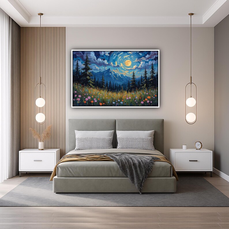 Moonlit Mountain Landscape Canvas Wall Art | Vibrant Night Sky Poster ...