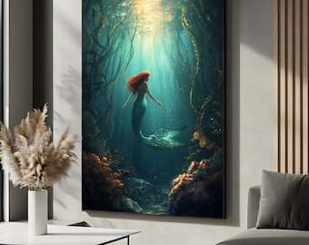 Enchanted Mermaid Canvas Wall Art | Underwater Fantasy Poster for Bedroom & Living Room | Ocean Decor | Framed Ready to Hang Art