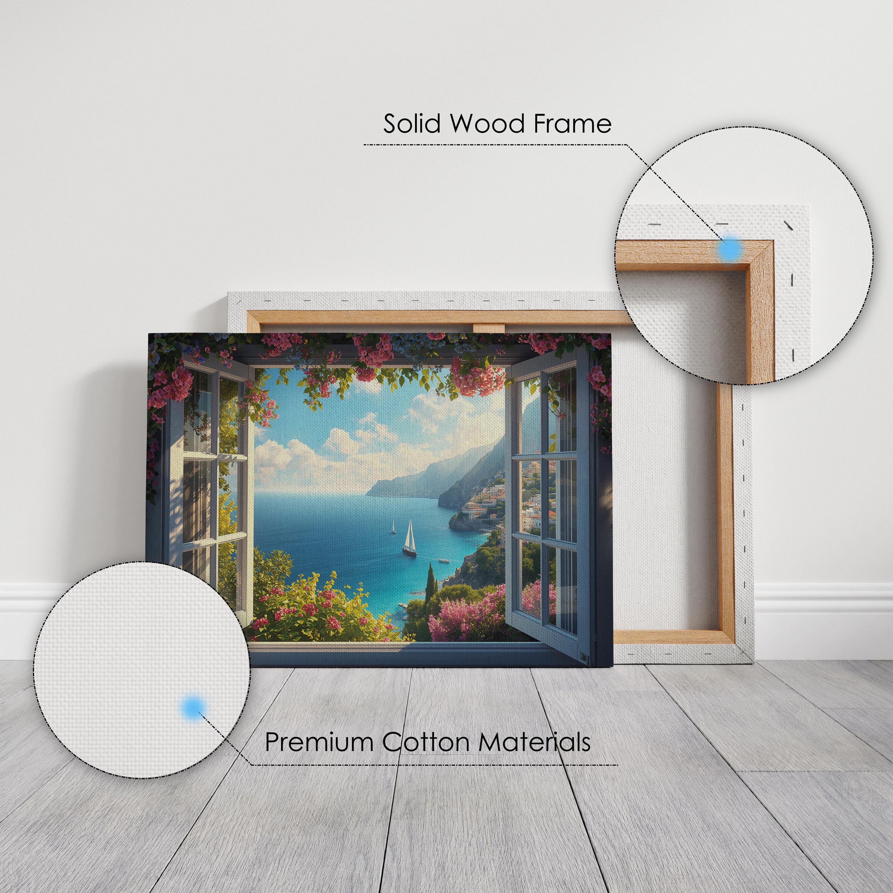 Mediterranean Coastal View Canvas Wall Art | Amalfi Style Ocean Window ...