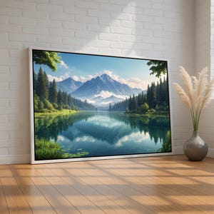 Mountain Lake Wall Art | Serene Nature Landscape Print | Ready to Hang | Pine Forest Reflection Canvas | Panoramic Tranquil Decor