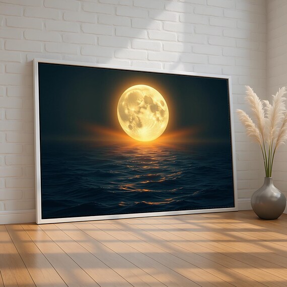 Golden Full Moon Ocean Canvas Wall Art | Night Sea Reflection Decor | Serene Coastal Wall Art | Framed Ready to Hang