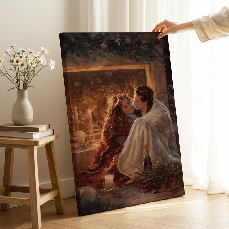 Cozy Romantic Winter Couple Canvas Wall Art | Fireplace Love Scene ...