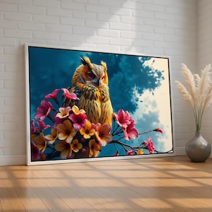 Colorful Owl and Flowers Wall Art | Mystical Bird Canvas Print | Boho Nature Decor for Bedroom or Study | Whimsical Floral Artwork