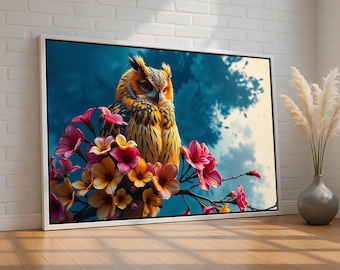 Colorful Owl and Flowers Wall Art | Mystical Bird Canvas Print | Boho Nature Decor for Bedroom or Study | Whimsical Floral Artwork