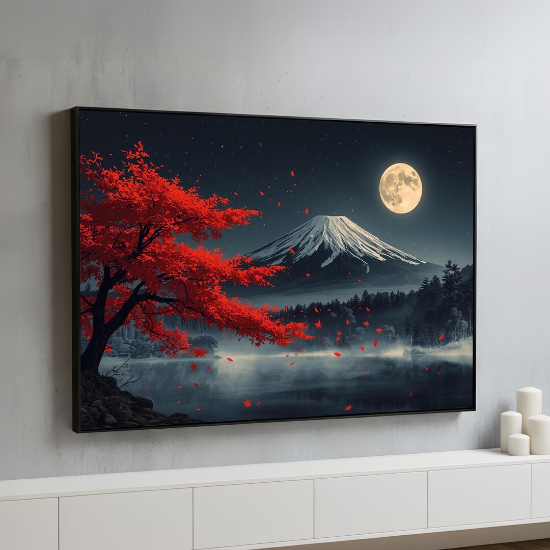 Japanese Maple Moonlight Wall Art Canvas Poster | Mount Fuji Night ...