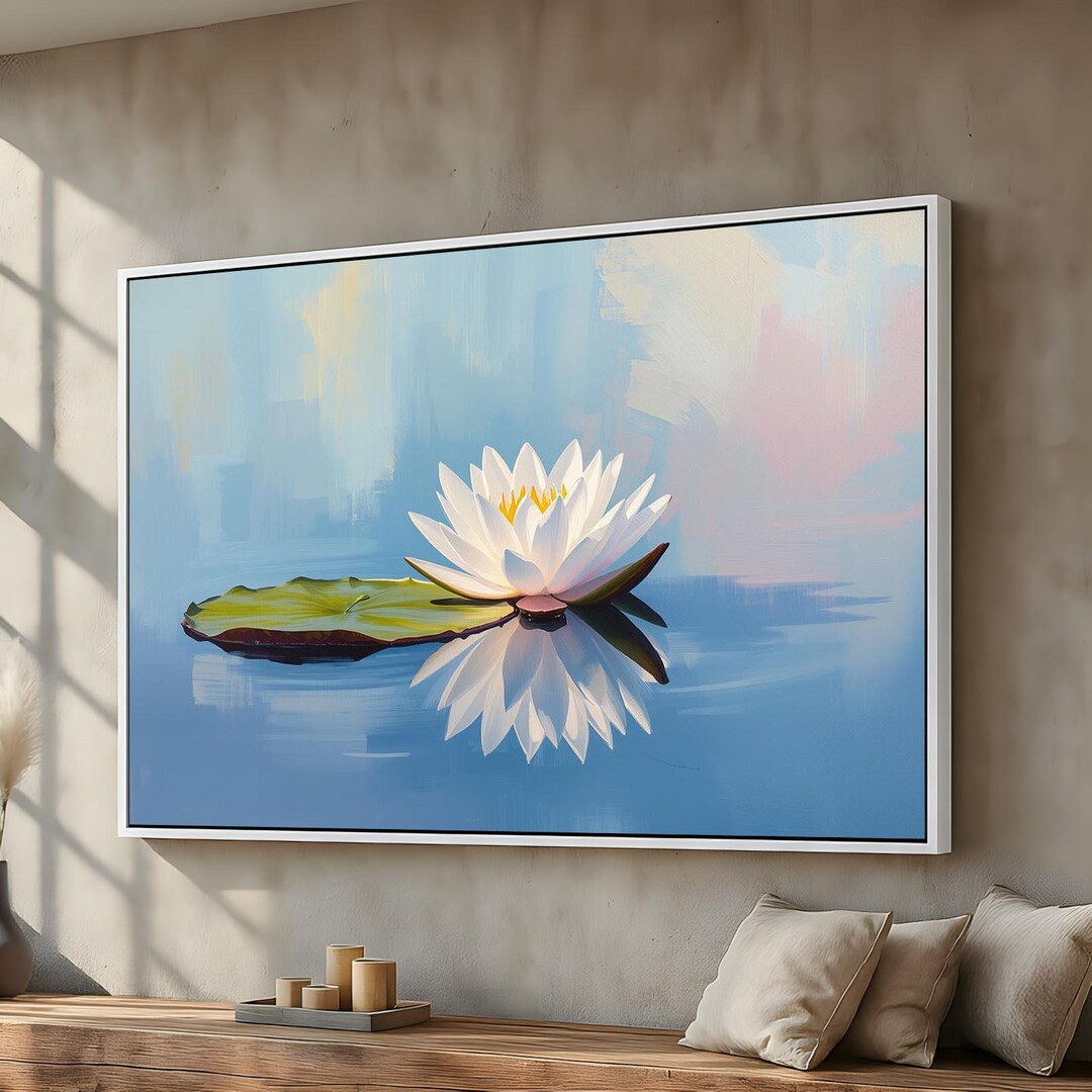 White Lotus Flower Canvas Wall Art | Peaceful Water Lily Painting ...
