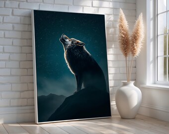 Howling Wolf Canvas Wall Art | Majestic Lone Wolf Under Starry Night Sky | Spiritual Animal Decor for Cabin, Bedroom or Gift | Ready to Hang