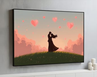 Romantic Couple Silhouette Canvas Wall Art | Love at Sunset Illustration | Valentine’s Day Decor | Wedding Anniversary Gift | Poster