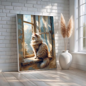 Fluffy Cat at Rustic Window Poster | Cozy Farmhouse Wall Art with Sunlight and Flowers | Peaceful Vintage Decor for Cat Lovers Ready to Hang