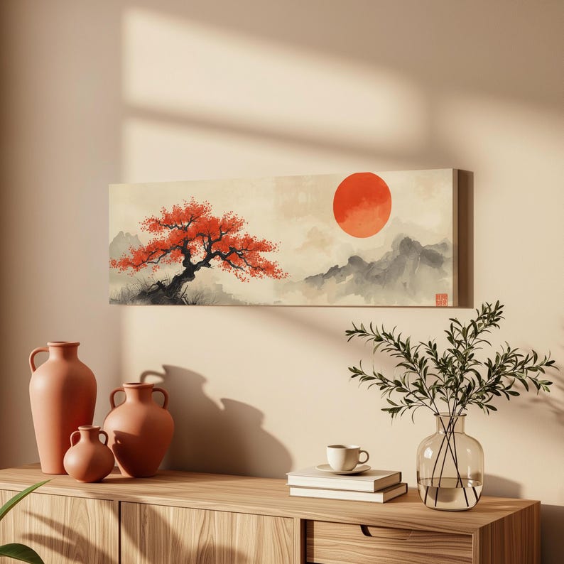 Japanese Ink Tree Canvas Wall Art | Minimalist Red Sun Landscape for ...