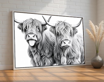 Highland Cow Wall Art | Funny Black and White Cow Print | Rustic Farmhouse Animal Poster | Cute Highland Cattle Decor | Ready to Hang