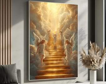 Angels Stairway to Heaven Canvas Wall Art | Heavenly Light Poster | Guardian Angel Faith Artwork | Christian Home Decor | Ready to Hang