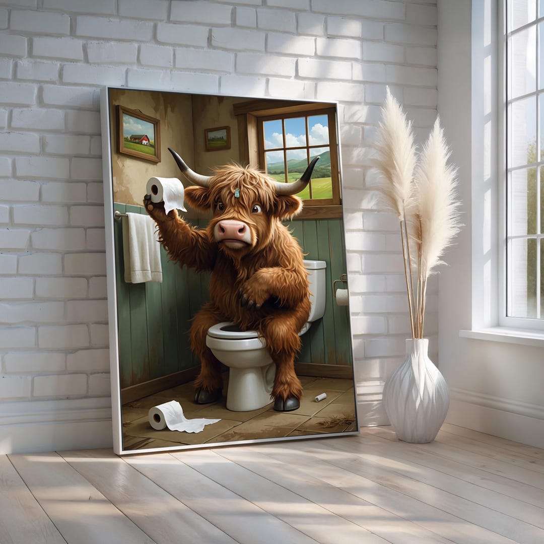 Funny Highland Cow Bathroom Art | Quirky Farm Animal Canvas Print ...