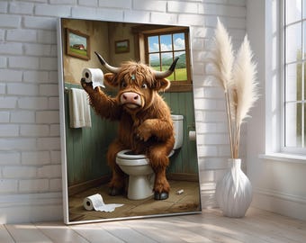 Funny Highland Cow Bathroom Art | Quirky Farm Animal Canvas Print | Rustic Farmhouse Wall Decor for Toilet or Guest Bath | Ready to Hang