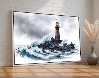 Stormy Lighthouse Wall Art | Ocean Wave Canvas Print | Coastal Nautical Decor | Dramatic Seascape Poster | Strength Symbol | Ready to Hang