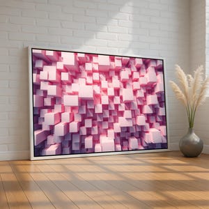 May include: Abstract art print featuring a pink and white geometric pattern of overlapping squares. The squares are arranged in a random pattern, creating a sense of depth and movement.
