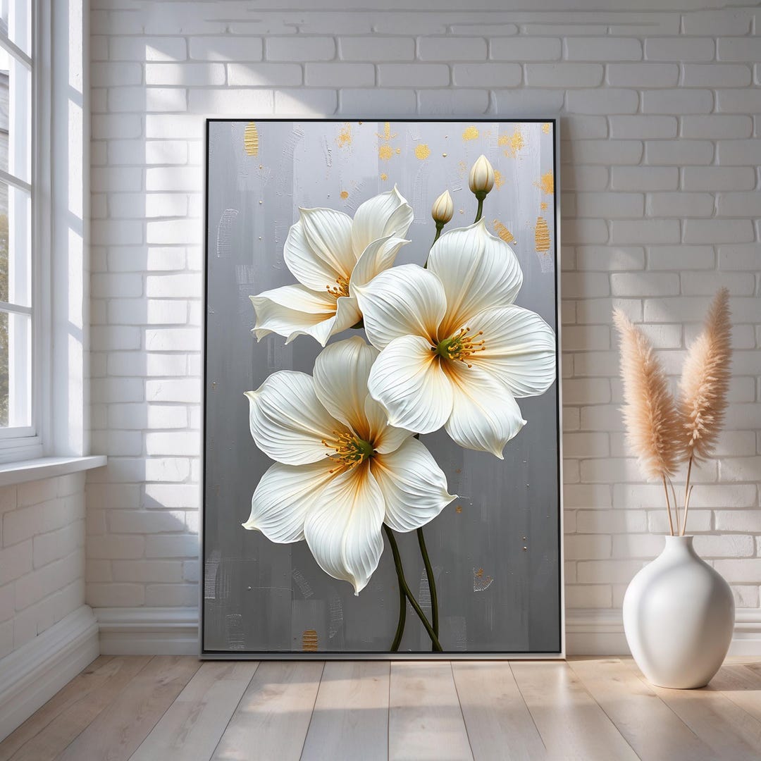 White Flower Wall Art Canvas Poster | Elegant Floral Print Neutral ...