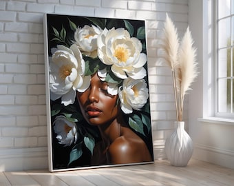 Afrocentric Floral Wall Art | Black Woman Portrait with White Peonies | Modern Feminine Canvas Print | Botanical Beauty Poster Ready to Hang