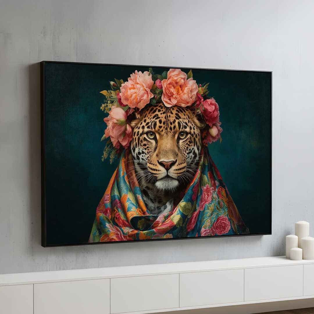 Floral Leopard Canvas Wall Art | Majestic Big Cat Portrait Poster ...