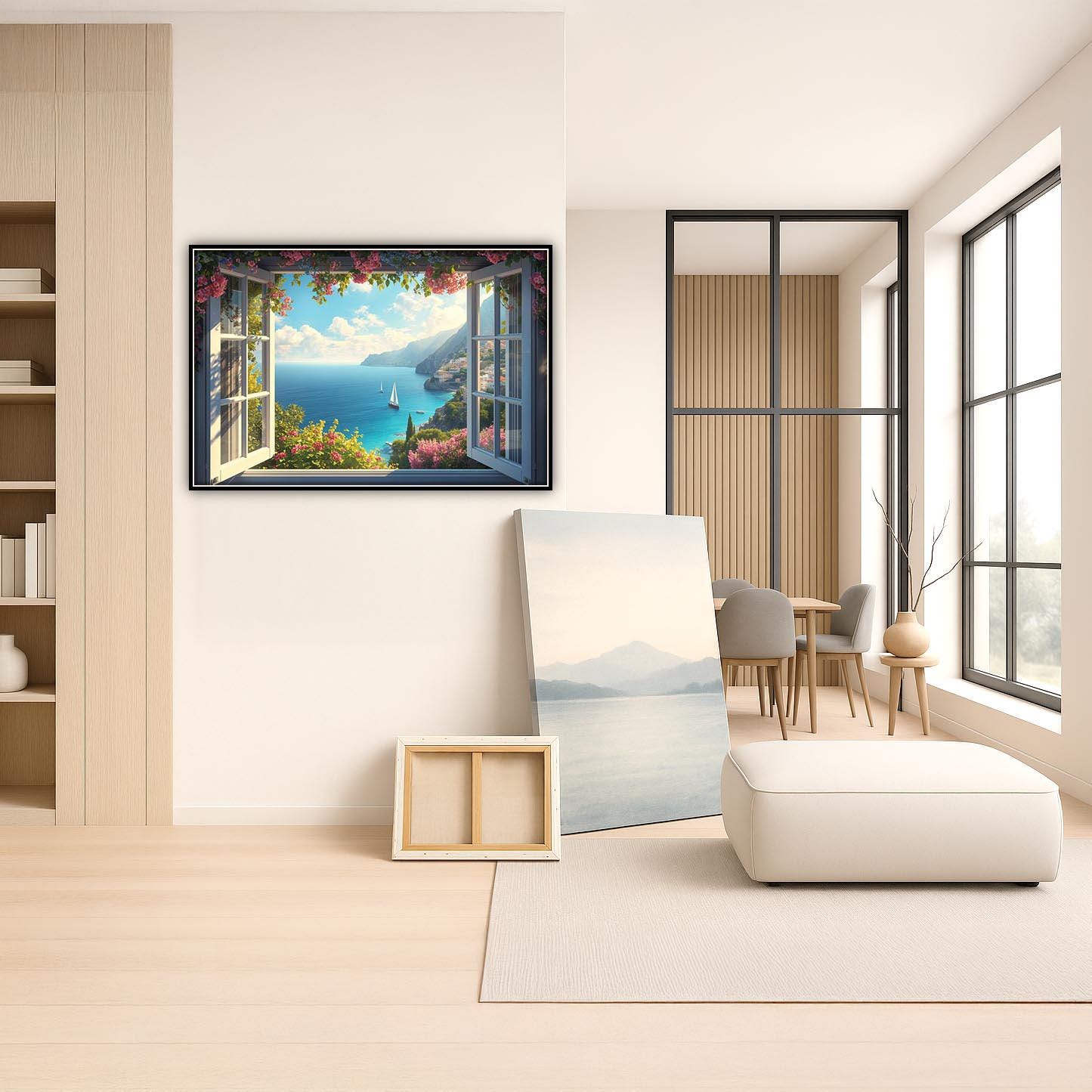 Mediterranean Coastal View Canvas Wall Art | Amalfi Style Ocean Window ...