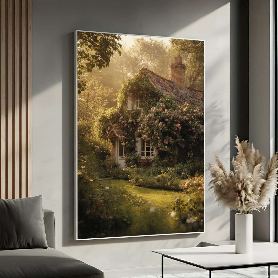 English Cottage Portrait | Rose Covered House Canvas Wall Art | Vintage ...