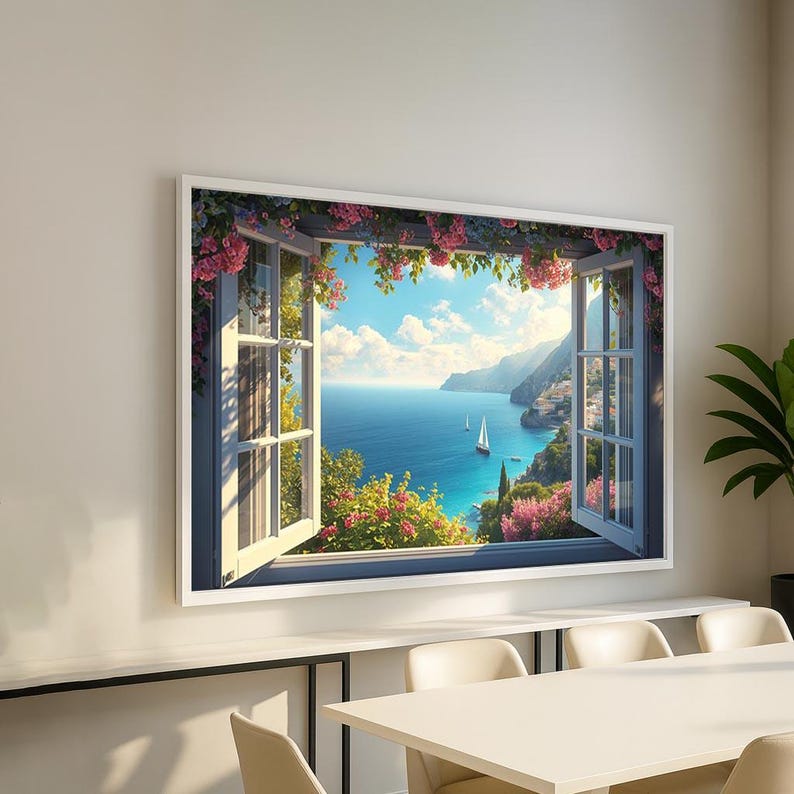 Mediterranean Coastal View Canvas Wall Art | Amalfi Style Ocean Window ...