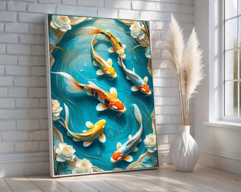 Koi Fish Wall Art Portrait | Tranquil Pond Scene with Lotus Flowers | Feng Shui Zen Decor for Home or Office | Ready to Hang | Poster Print