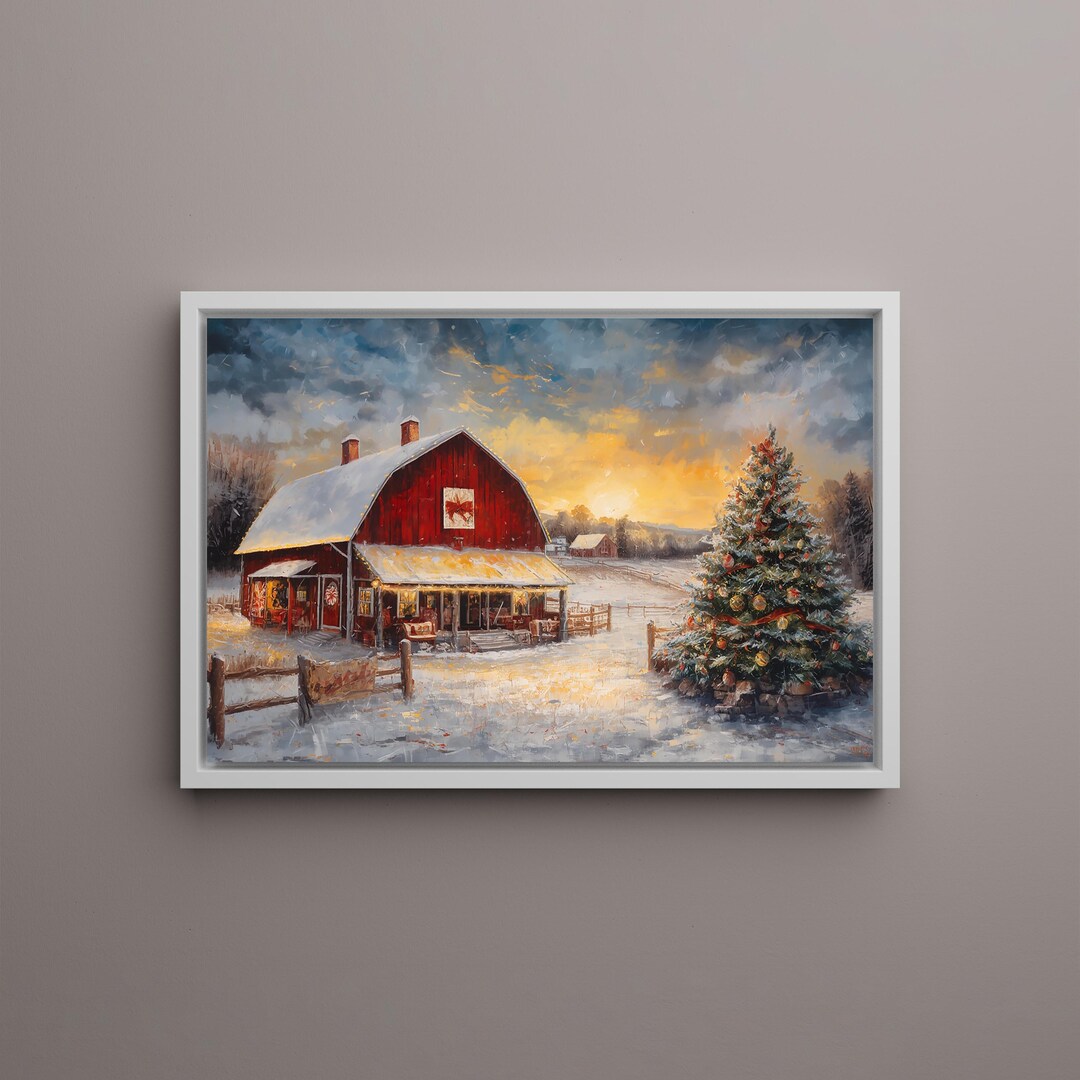 Rustic Red Barn Christmas Scene | Farmhouse Holiday Canvas Wall Art ...