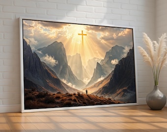 Christian Mountain Scene Wall Art Poster | Inspiring Cross Artwork for Spiritual Home Decor | Ready-to-Hang Canvas Art | AR201
