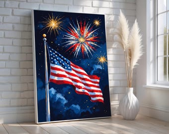 American Flag Wall Art | Fourth of July Fireworks Canvas | Patriotic Red White and Blue Independence Day Decor | Ready to Hang