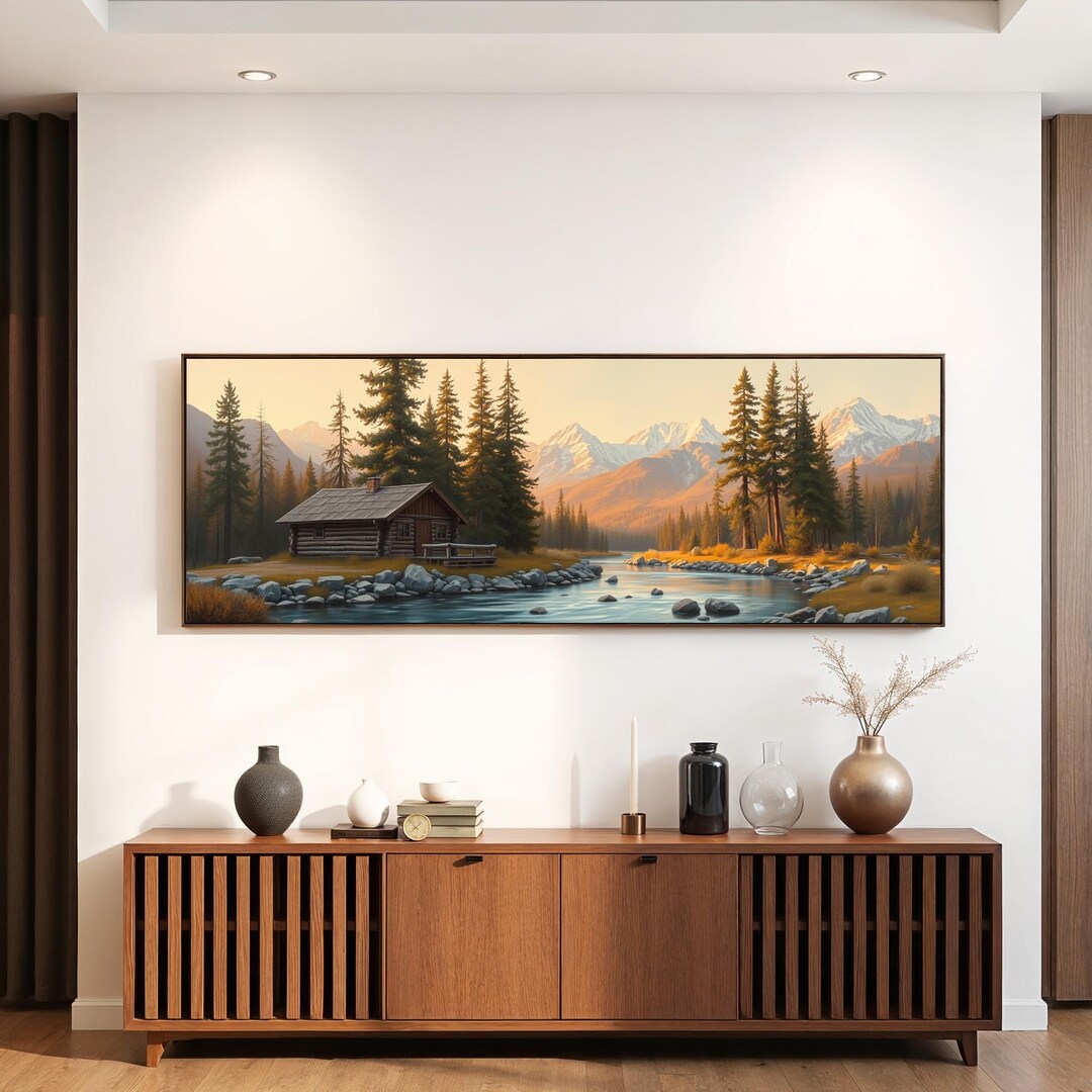 Mountain Cabin River Panoramic Canvas Wall Art | Peaceful Forest ...