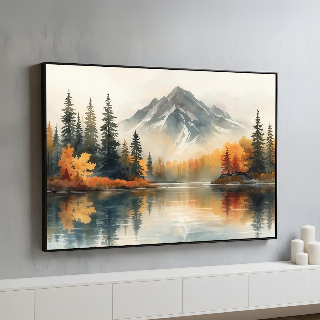 Serene Mountain Lake Canvas Wall Art | Watercolor Forest Landscape for ...