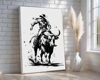 Cowboy Bull Rider Wall Art | Western Rodeo Ink Drawing | Black and White Country Cowboy Poster | Rustic Ranch Decor Print | Ready to Hang